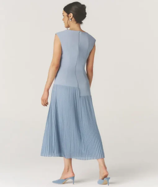 Pleated Cap Sleeve Maxi Dress - Blue