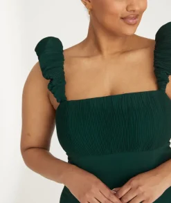 Pleated Statement Shoulder Chiffon Bridesmaid Dress - Emerald