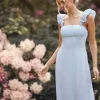 Pleated Statement Shoulder Chiffon Bridesmaid Dress - Cornflower Blue