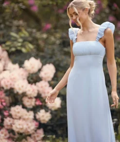 Pleated Statement Shoulder Chiffon Bridesmaid Dress - Cornflower Blue