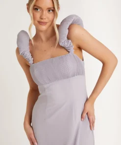 Pleated Statement Shoulder Chiffon Bridesmaid Dress - Dusty Lilac