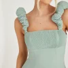 Pleated Statement Shoulder Chiffon Bridesmaid Dress - Sage