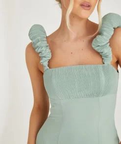 Pleated Statement Shoulder Chiffon Bridesmaid Dress - Sage