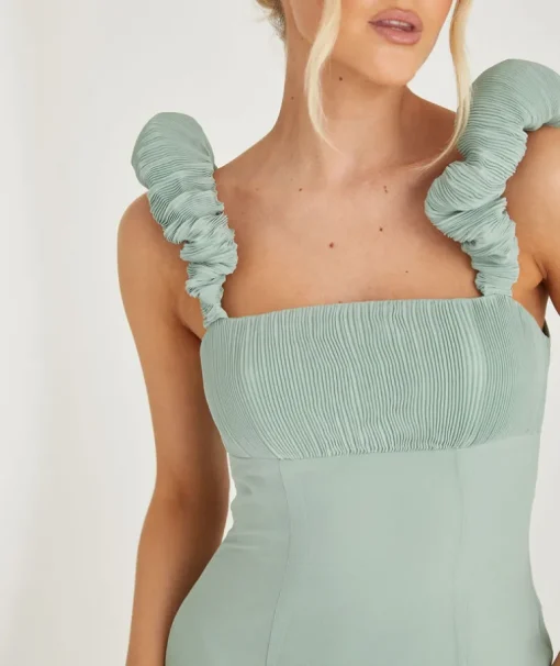Pleated Statement Shoulder Chiffon Bridesmaid Dress - Sage