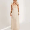 Pleated Statement Shoulder Chiffon Bridesmaid Dress - Butter Cream