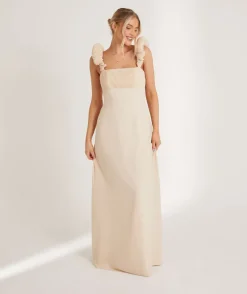 Pleated Statement Shoulder Chiffon Bridesmaid Dress - Butter Cream