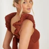 Pleated Statement Shoulder Chiffon Bridesmaid Dress - Rust