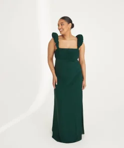 Pleated Statement Shoulder Chiffon Bridesmaid Dress - Emerald