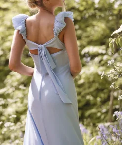 Pleated Statement Shoulder Chiffon Bridesmaid Dress - Cornflower Blue