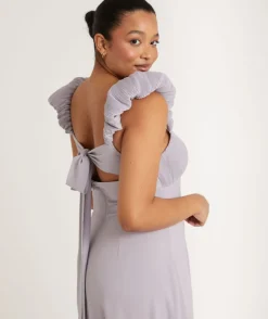 Pleated Statement Shoulder Chiffon Bridesmaid Dress - Dusty Lilac