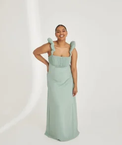 Pleated Statement Shoulder Chiffon Bridesmaid Dress - Sage