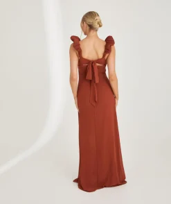 Pleated Statement Shoulder Chiffon Bridesmaid Dress - Rust