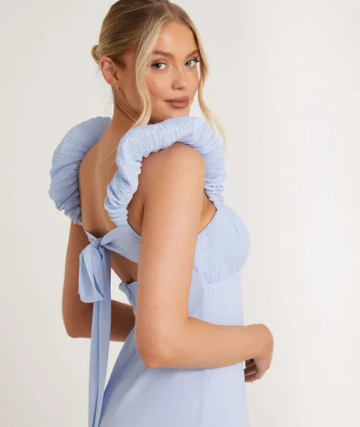 Pleated Statement Shoulder Chiffon Bridesmaid Dress - Cornflower Blue