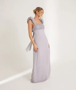 Pleated Statement Shoulder Chiffon Bridesmaid Dress - Dusty Lilac