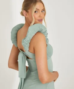 Pleated Statement Shoulder Chiffon Bridesmaid Dress - Sage