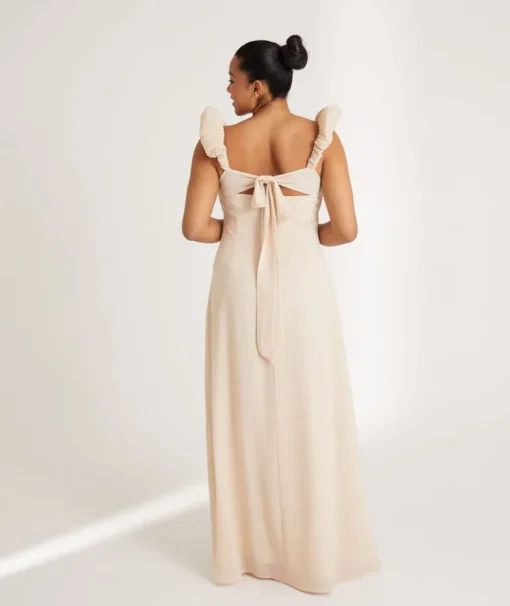 Pleated Statement Shoulder Chiffon Bridesmaid Dress - Butter Cream
