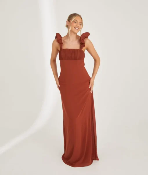 Pleated Statement Shoulder Chiffon Bridesmaid Dress - Rust