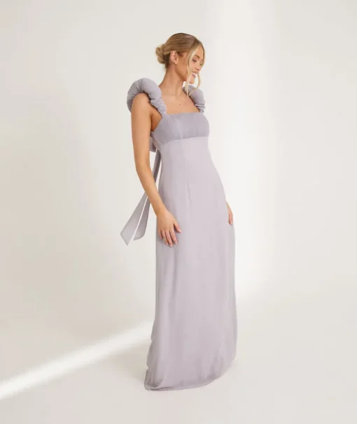 Pleated Statement Shoulder Chiffon Bridesmaid Dress - Dusty Lilac