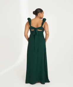 Pleated Statement Shoulder Chiffon Bridesmaid Dress - Emerald