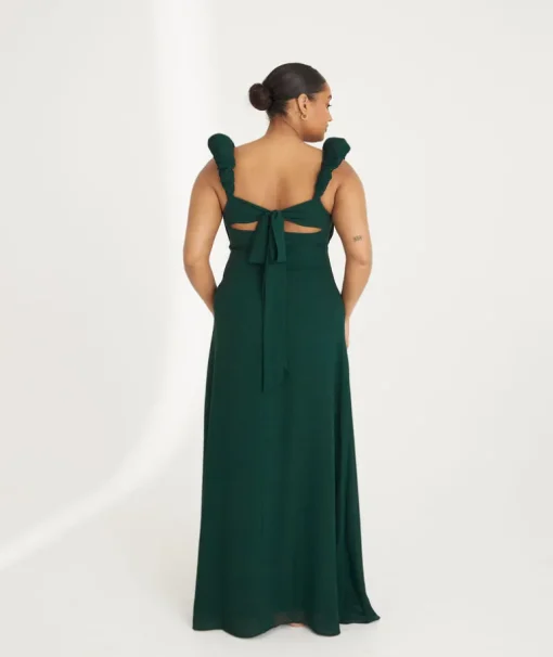 Pleated Statement Shoulder Chiffon Bridesmaid Dress - Emerald