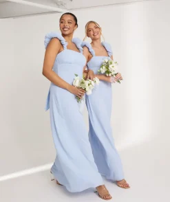 Pleated Statement Shoulder Chiffon Bridesmaid Dress - Cornflower Blue