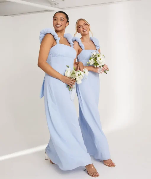 Pleated Statement Shoulder Chiffon Bridesmaid Dress - Cornflower Blue