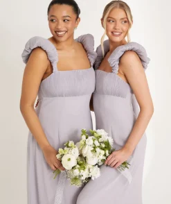 Pleated Statement Shoulder Chiffon Bridesmaid Dress - Dusty Lilac