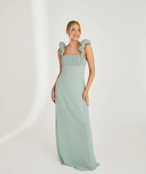 Pleated Statement Shoulder Chiffon Bridesmaid Dress - Sage