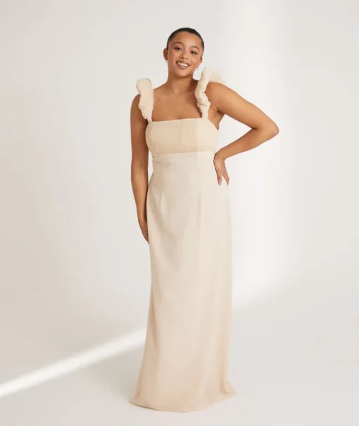 Pleated Statement Shoulder Chiffon Bridesmaid Dress - Butter Cream