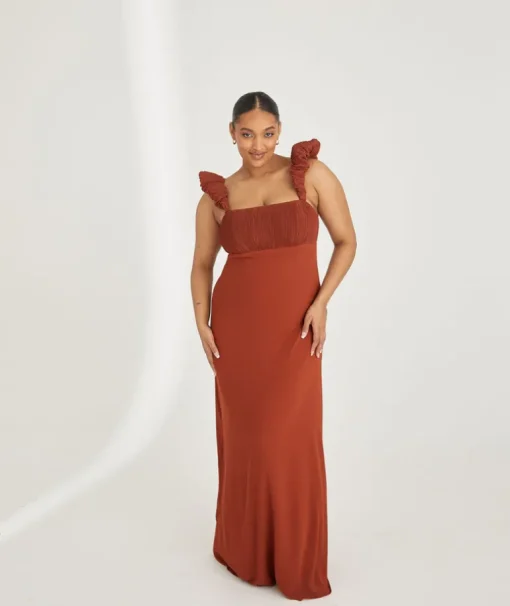 Pleated Statement Shoulder Chiffon Bridesmaid Dress - Rust