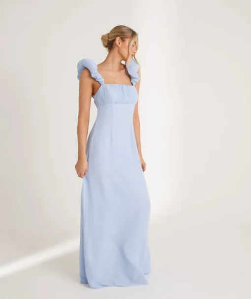 Pleated Statement Shoulder Chiffon Bridesmaid Dress - Cornflower Blue