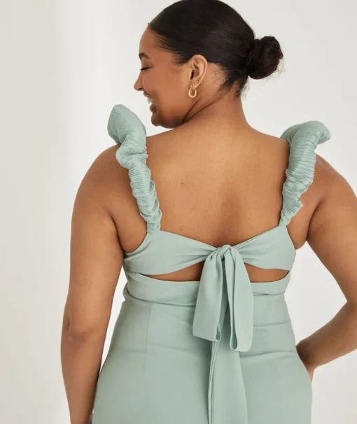 Pleated Statement Shoulder Chiffon Bridesmaid Dress - Sage