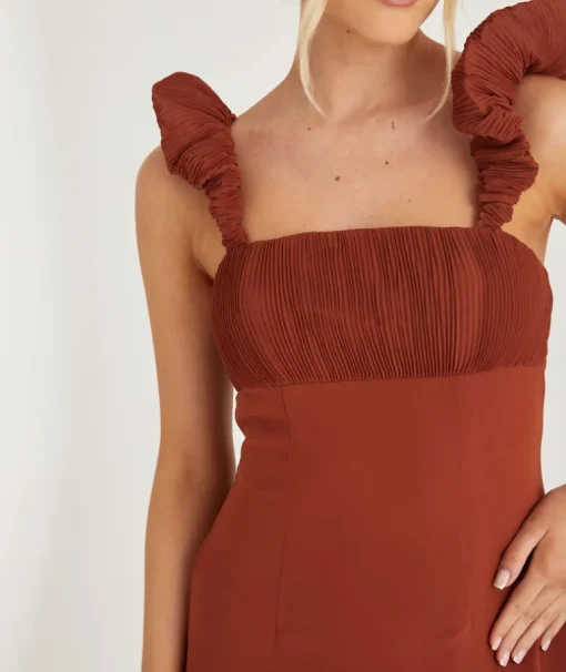 Pleated Statement Shoulder Chiffon Bridesmaid Dress - Rust