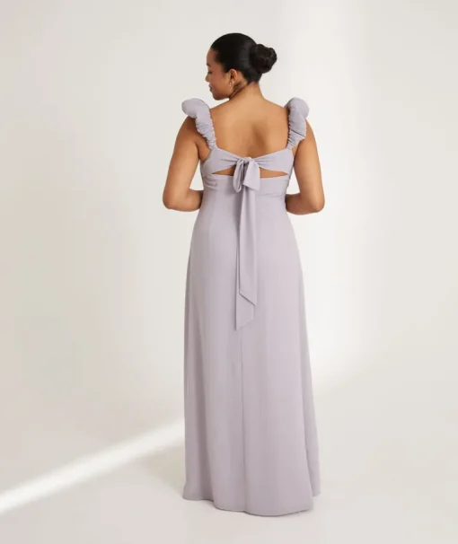 Pleated Statement Shoulder Chiffon Bridesmaid Dress - Dusty Lilac