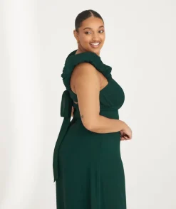 Pleated Statement Shoulder Chiffon Bridesmaid Dress - Emerald