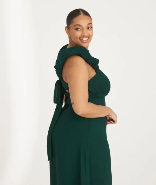 Pleated Statement Shoulder Chiffon Bridesmaid Dress - Emerald