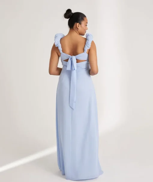 Pleated Statement Shoulder Chiffon Bridesmaid Dress - Cornflower Blue