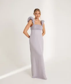 Pleated Statement Shoulder Chiffon Bridesmaid Dress - Dusty Lilac