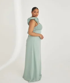 Pleated Statement Shoulder Chiffon Bridesmaid Dress - Sage