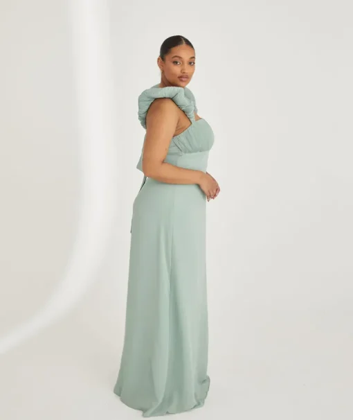 Pleated Statement Shoulder Chiffon Bridesmaid Dress - Sage