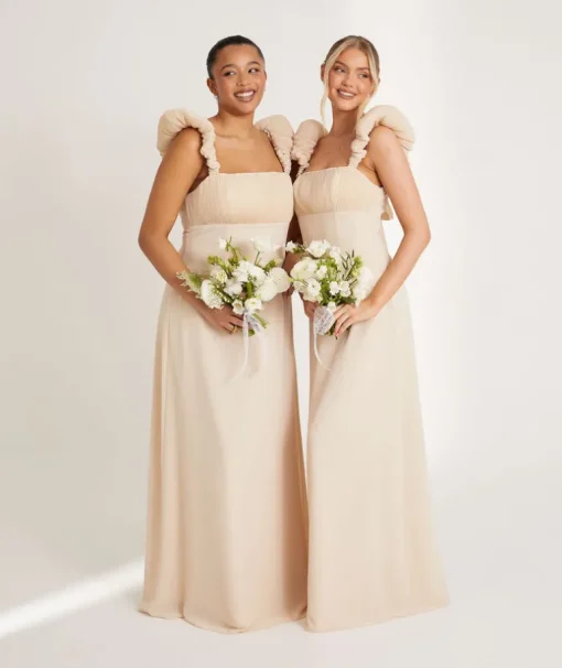 Pleated Statement Shoulder Chiffon Bridesmaid Dress - Butter Cream