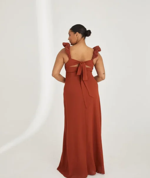 Pleated Statement Shoulder Chiffon Bridesmaid Dress - Rust