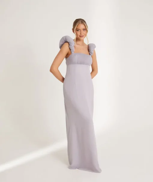 Pleated Statement Shoulder Chiffon Bridesmaid Dress - Dusty Lilac