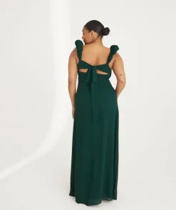 Pleated Statement Shoulder Chiffon Bridesmaid Dress - Emerald