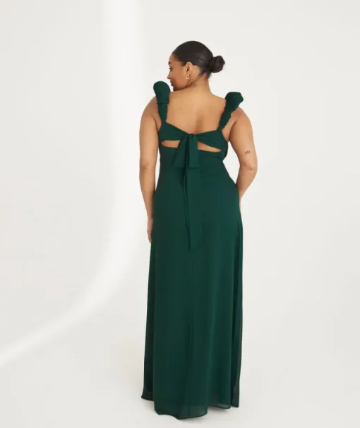 Pleated Statement Shoulder Chiffon Bridesmaid Dress - Emerald