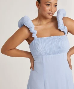 Pleated Statement Shoulder Chiffon Bridesmaid Dress - Cornflower Blue
