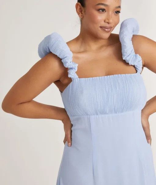 Pleated Statement Shoulder Chiffon Bridesmaid Dress - Cornflower Blue