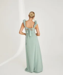 Pleated Statement Shoulder Chiffon Bridesmaid Dress - Sage