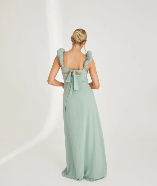 Pleated Statement Shoulder Chiffon Bridesmaid Dress - Sage