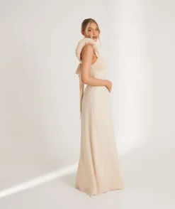 Pleated Statement Shoulder Chiffon Bridesmaid Dress - Butter Cream